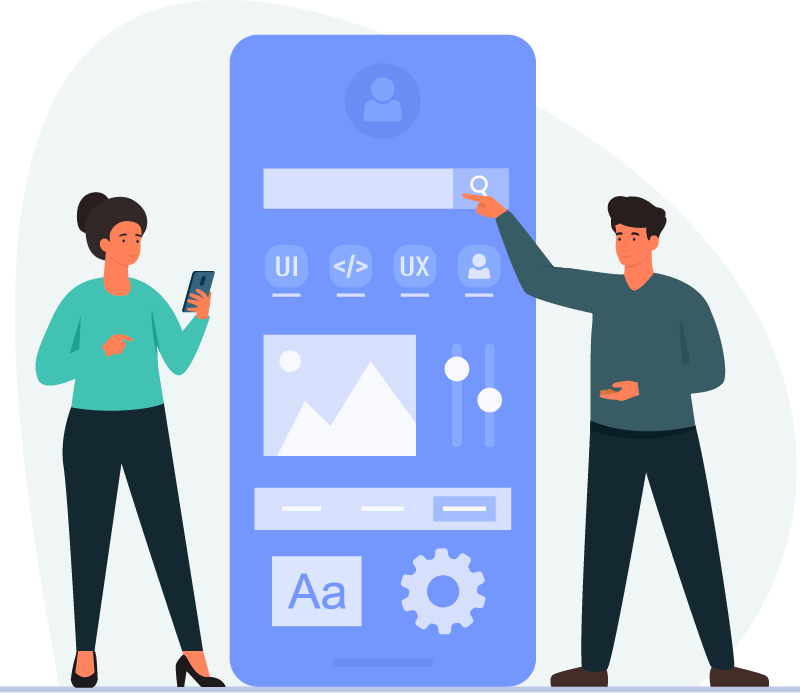 two characters stand next to a human-size mobile phone showing web development elements like text symbols, image symbols, and a search bar, gesturing to the screen