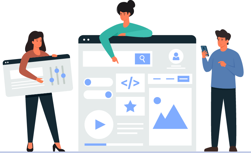 three characters stand with a large model of a website design, gesturing to the elements on the webpage