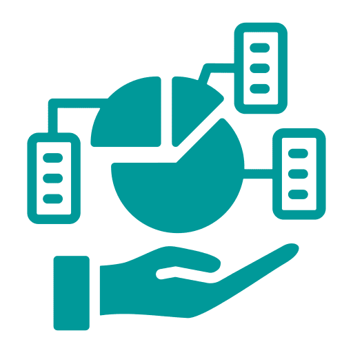 project management support icon: hand with charts and graphs above