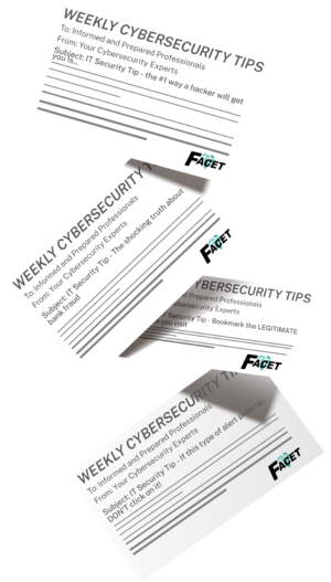 A cascade of cards with "business security tech tip" written across the top.