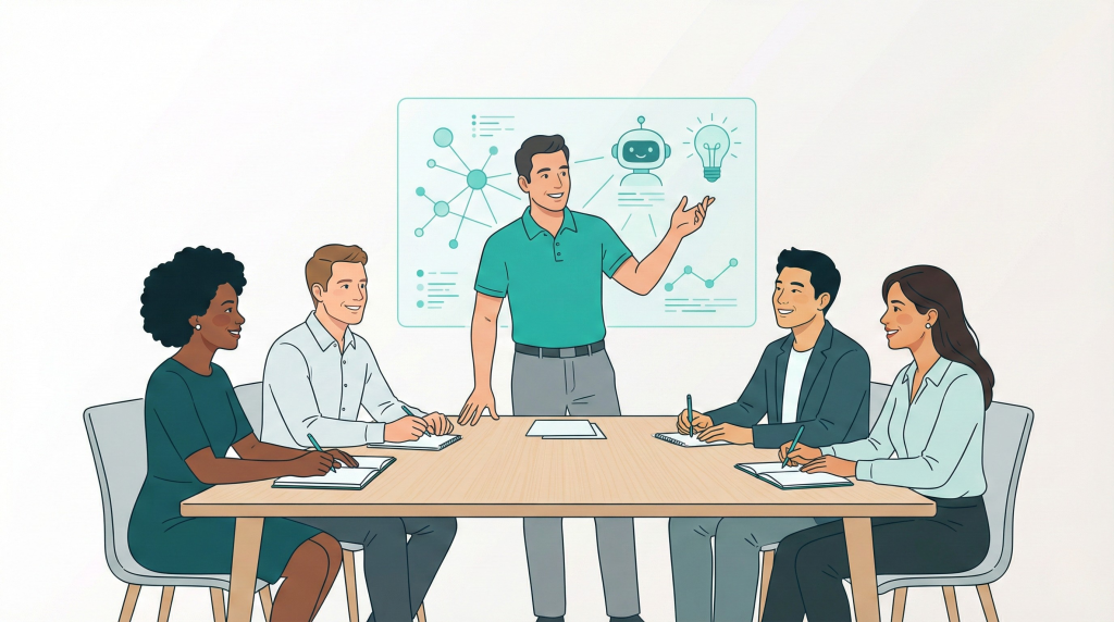 illustration of a diverse group of five business professionals seated together at a conference table during a training session, engaged and taking notes, with one person at the head presenting. Subtle AI-themed visual elements floating gently above the group—simple geometric icons including connected nodes, a small friendly robot icon, a lightbulb, and abstract data symbols.