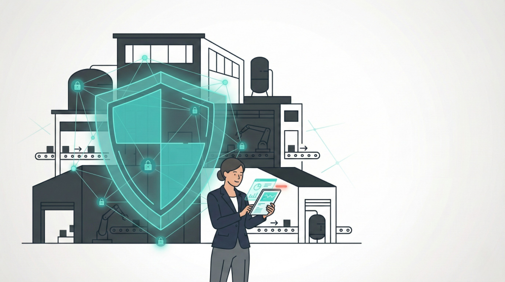 a woman holding a tablet in front of machinery and a manufacturing IT environment