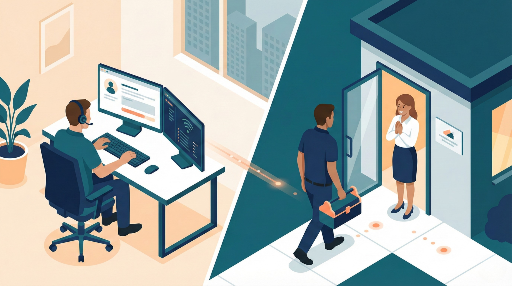 helpdesk and on-site it support. a technician sits at a desk helping a client and another goes to an office to give onsite support