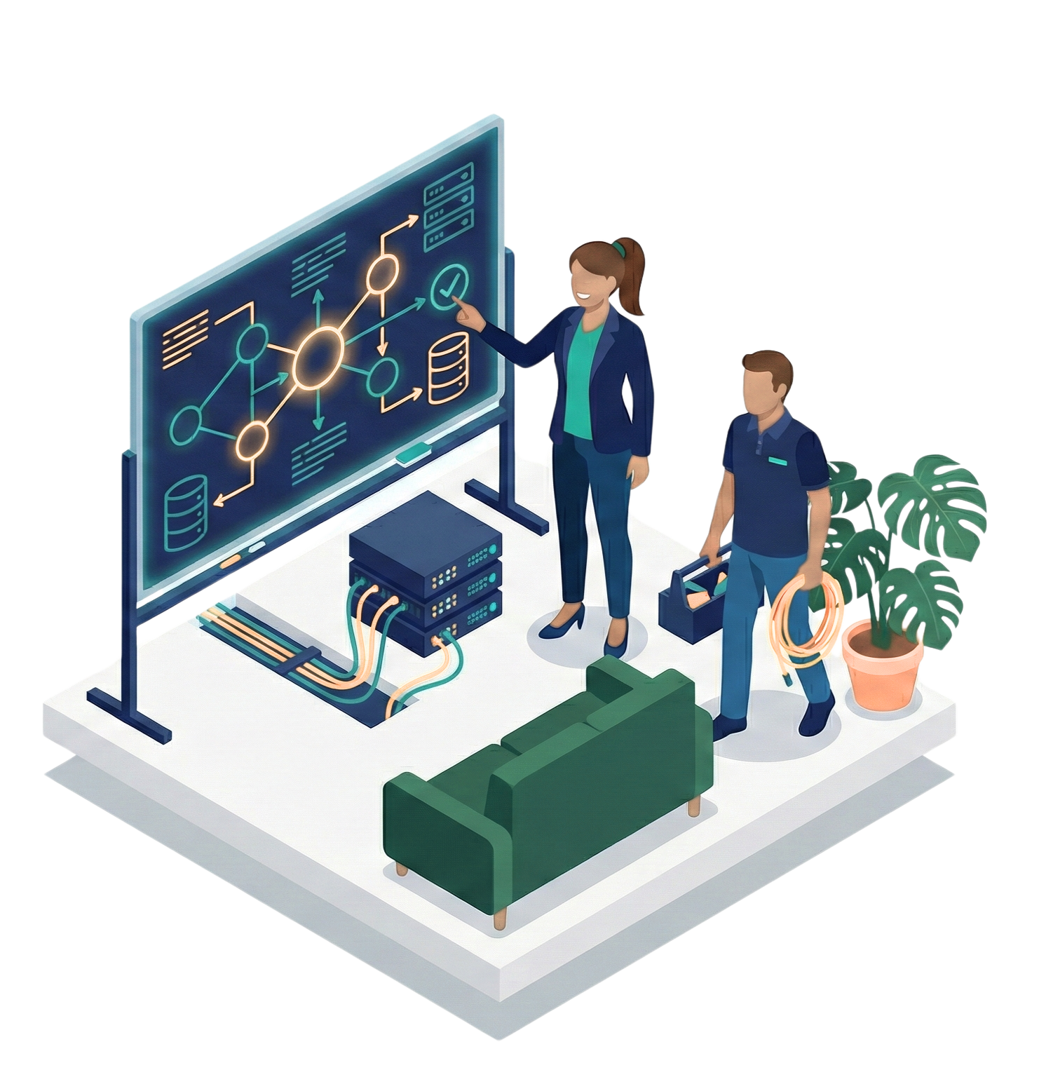 isometric 3-d image of a woman showing a coworker an IT networking diagram