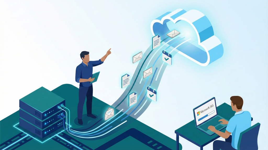 cloud migration. two technicians oversee an abstract cloud migration