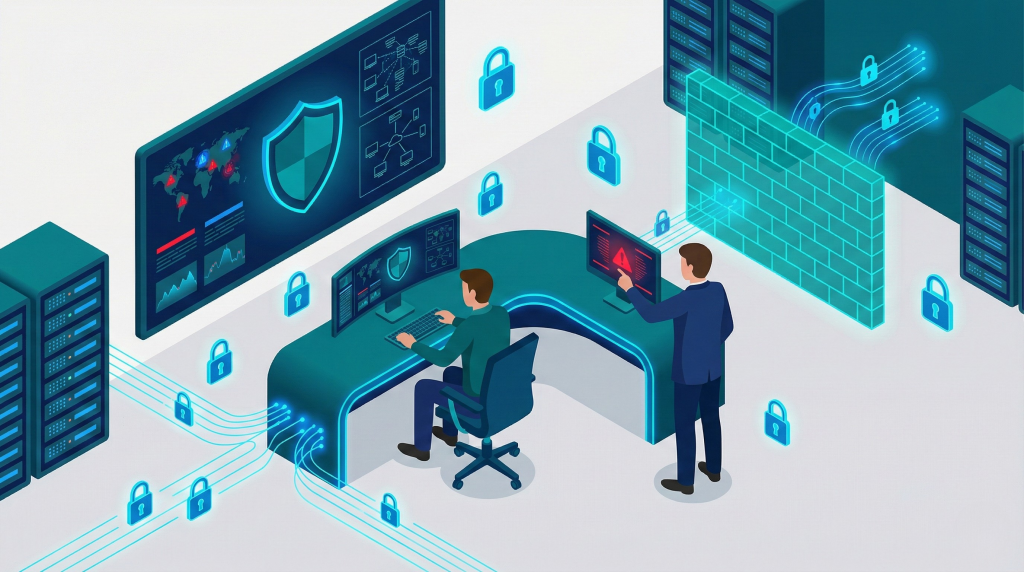 cybersecurity services. a group of technicians working at a security operations center managing threats