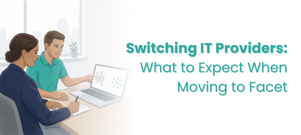 Switching IT Providers in Peoria: a business professional and IT professional sit at a table looking at a visual representation of a messy network being converted to a clean, streamlined IT environment