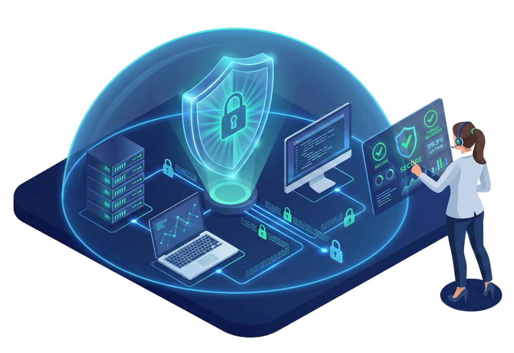 cybersecurity expert inputting settings into a screen that floats above a map of cyber threats
