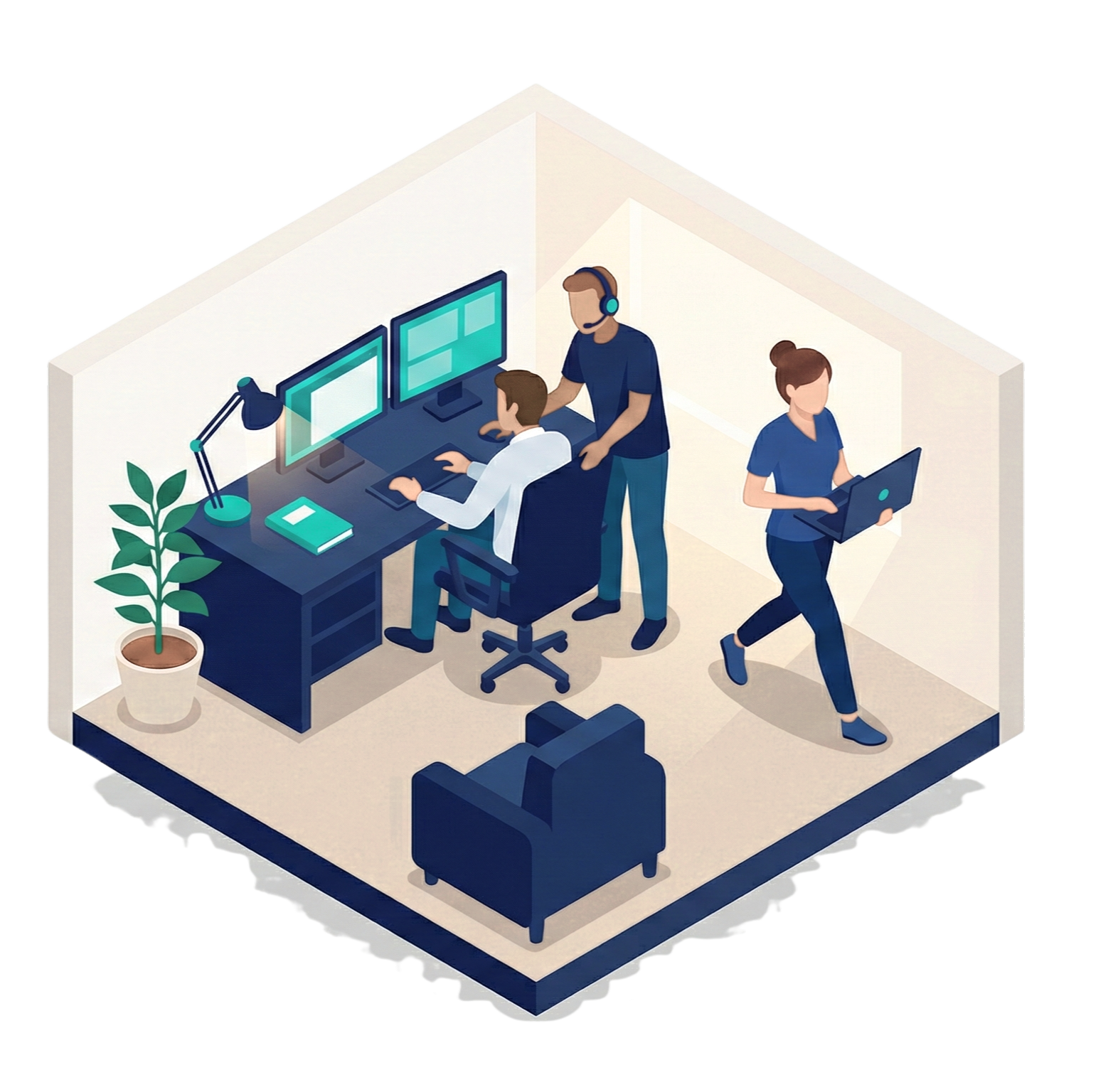 local IT team with quick response times. a team works in an office solving it issues