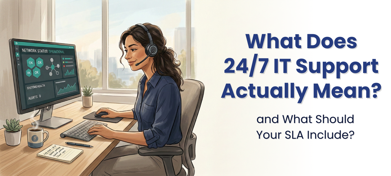 IT support technician wearing a headset works confidently at a desk, reviewing a network dashboard on their monitor in a bright, calm office setting.