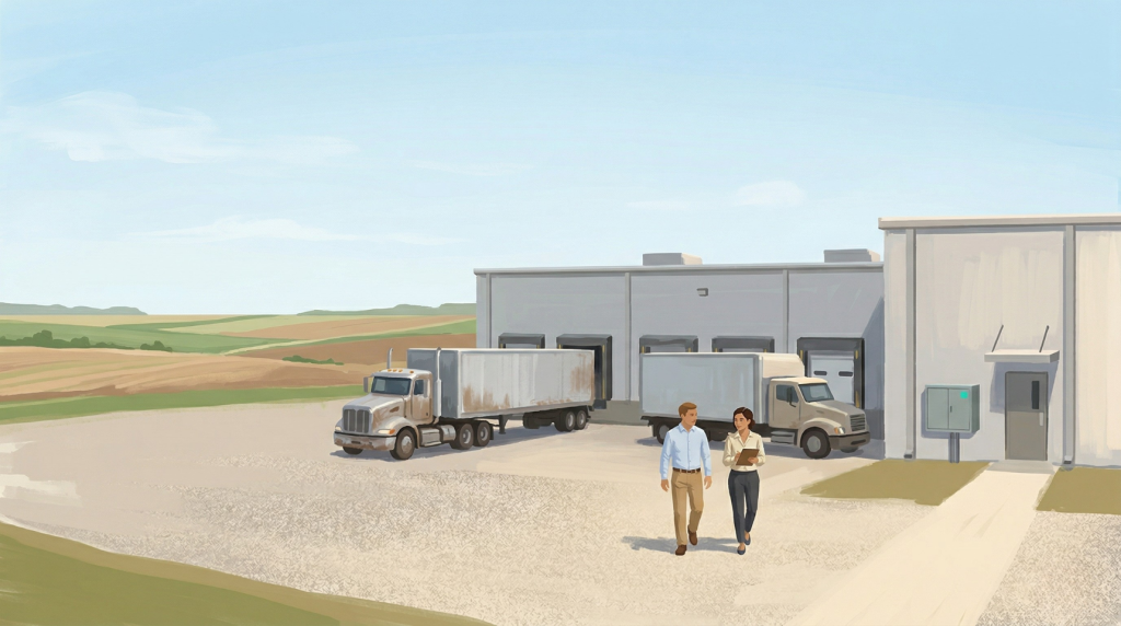 Wide view of a food processing facility with farmland in the background and two small figures walking near loading docks with clipboards. agriculture cybersecurity.