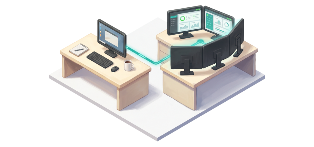 Isometric illustration of an internal IT workstation connected to a managed services monitoring station by a teal data line, representing co-managed IT partnership