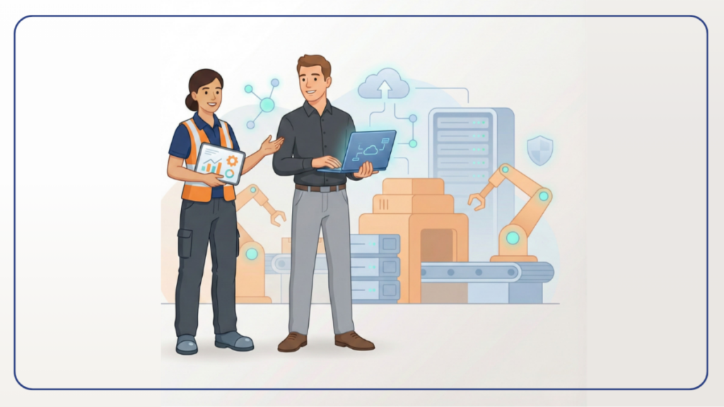 a manufacturing plant owner speaks with a technology expert