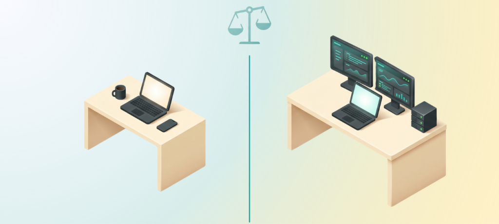 Isometric illustration of two collaborative workstations with a shared planning document and a teal handshake icon, representing an IT partnership
