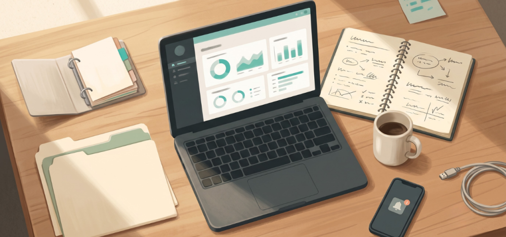 a desk with a laptop, notebook, coffee, and other various items sprawled out in a chaotic way, representing the desk of an "accidental" IT person