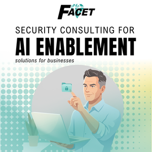 Security Consulting for AI Enablement. A business owner reaches up to nudge a floating folder into place with a fingertip. Above the laptop float a loose cluster of soft-glowing teal holographic folder icons, each with a tiny closed padlock.